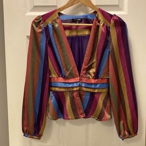 Fashion Nova multi color stripe  low cut  long sleeve top size XS